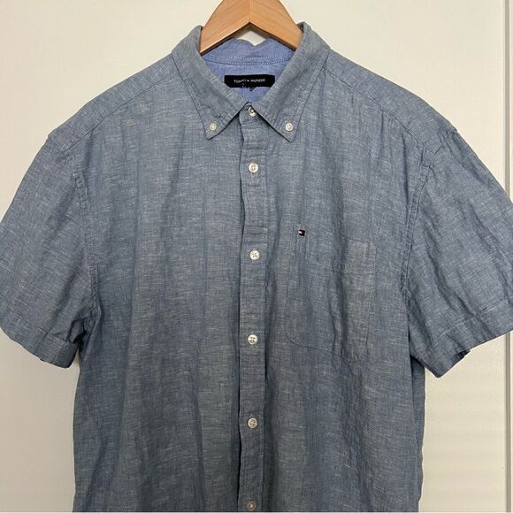 Tommy Hilfiger Shirt Mens Size XL Blue Button Down Short Sleeve Linen Blend - Picture 2 of 13
